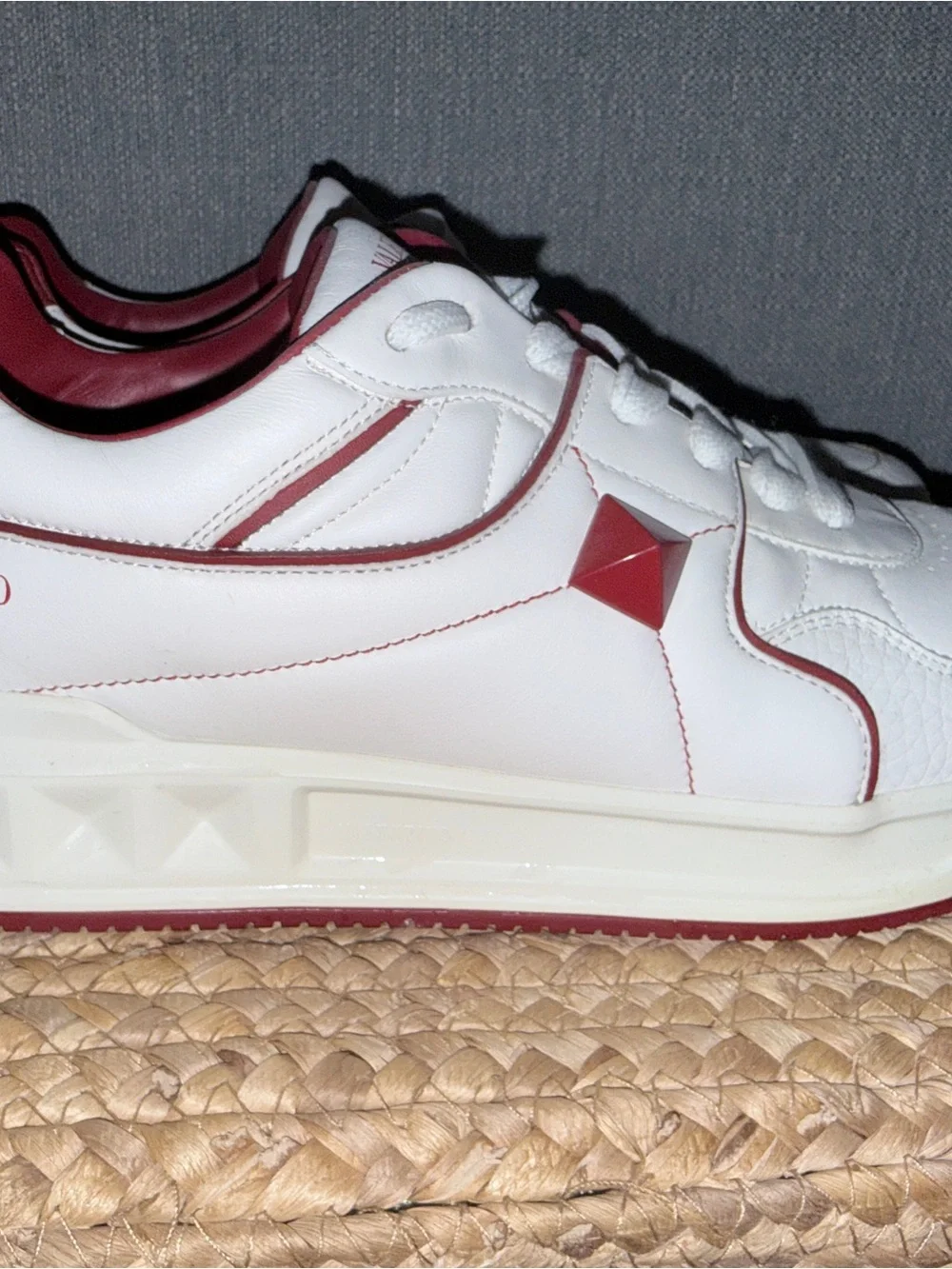 Valentino Garavani White One Stud Sneakers with Burgundy Accents